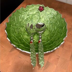 Julia Knight Holly Sprig Serving Bowl with Salad Serving Set NWOB